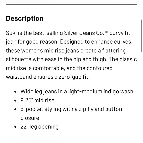 Silver Jeans Suki Mid Rise Wide Leg Jeans - - Picture 7 of 8